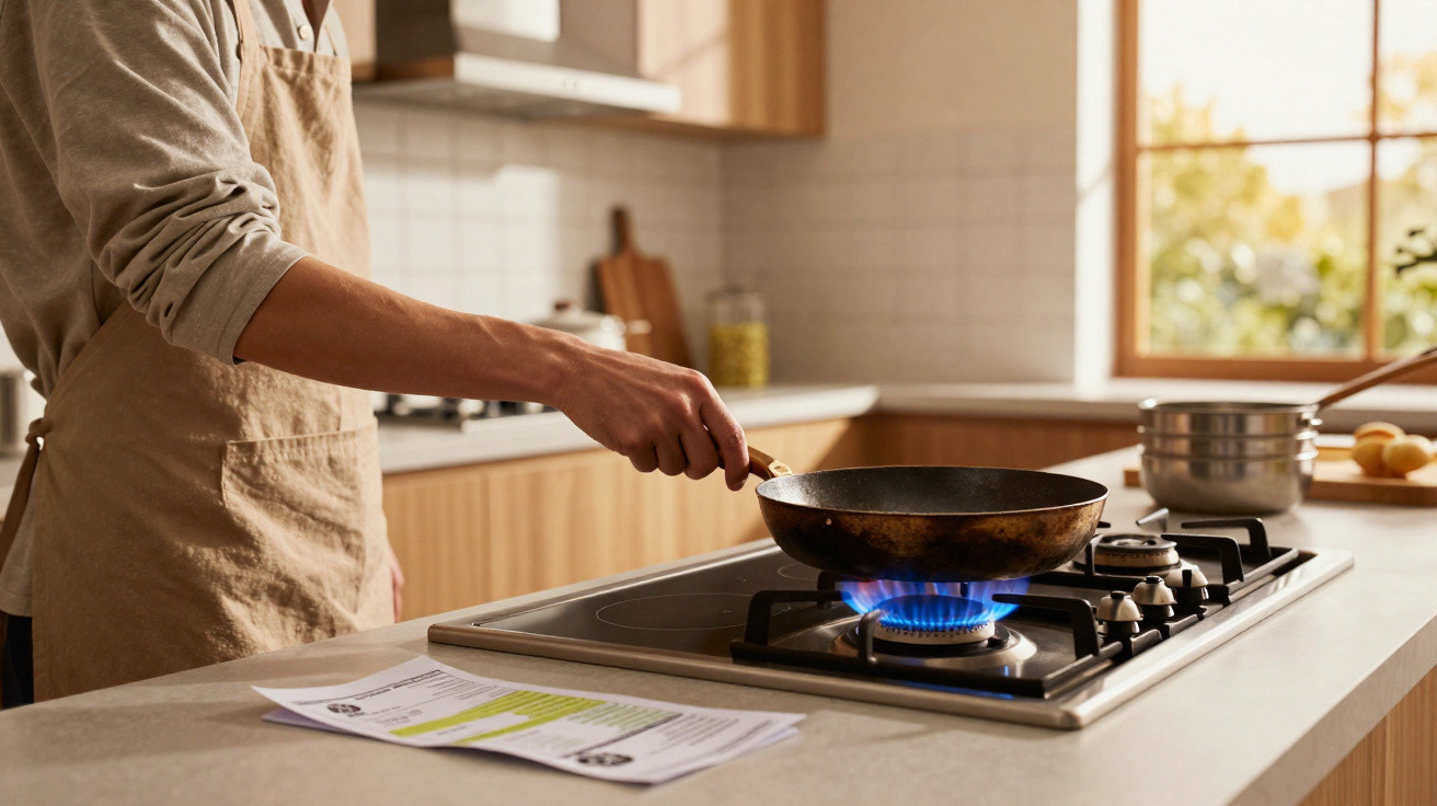 Pessoa com avental mexe frigideira sobre fogão a gás em cozinha iluminada pela luz natural.