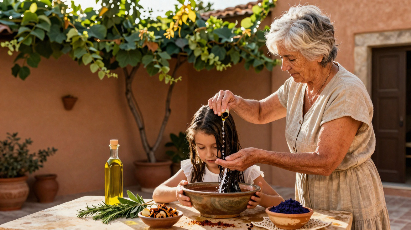 Mulher idosa aplicando óleo no cabelo de menina em pátio com plantas e recipientes de cerâmica.