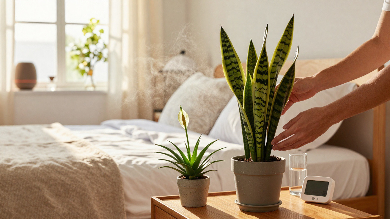 Plantas em vasos, umidificador e termômetro sobre mesa de cabeceira de quarto ensolarado.