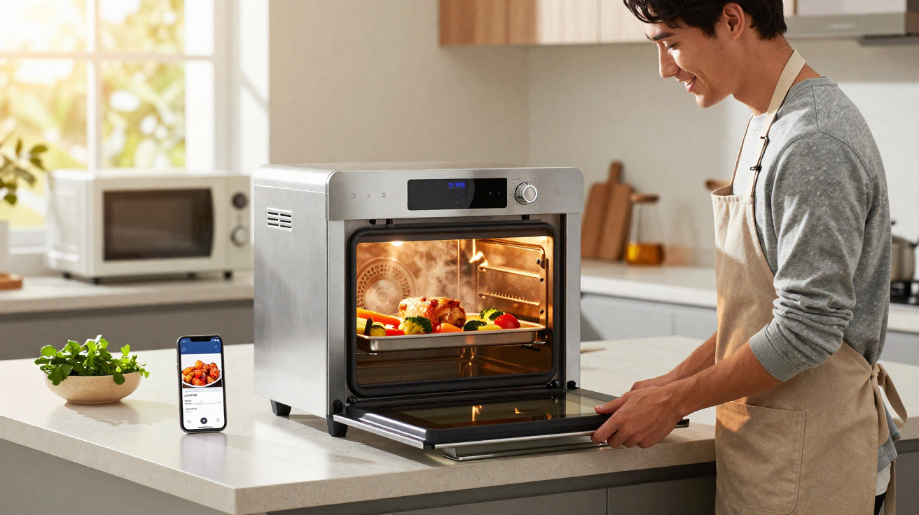 Homem abrindo forno elétrico compacto com prato de alimentos assando na cozinha moderna.