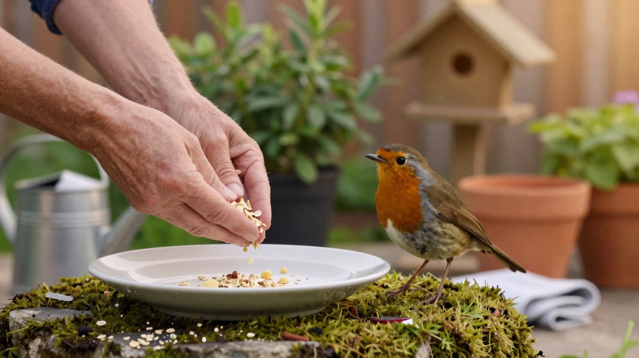 Mãos alimentando um passarinho com peito laranja em prato branco, em ambiente com plantas e casinha de passarinho.
