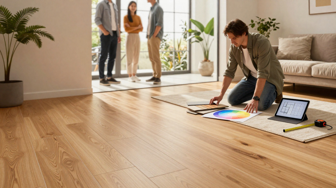 Homem ajoelhado analisando cartela de cores em sala com piso de madeira, três pessoas conversando ao fundo.