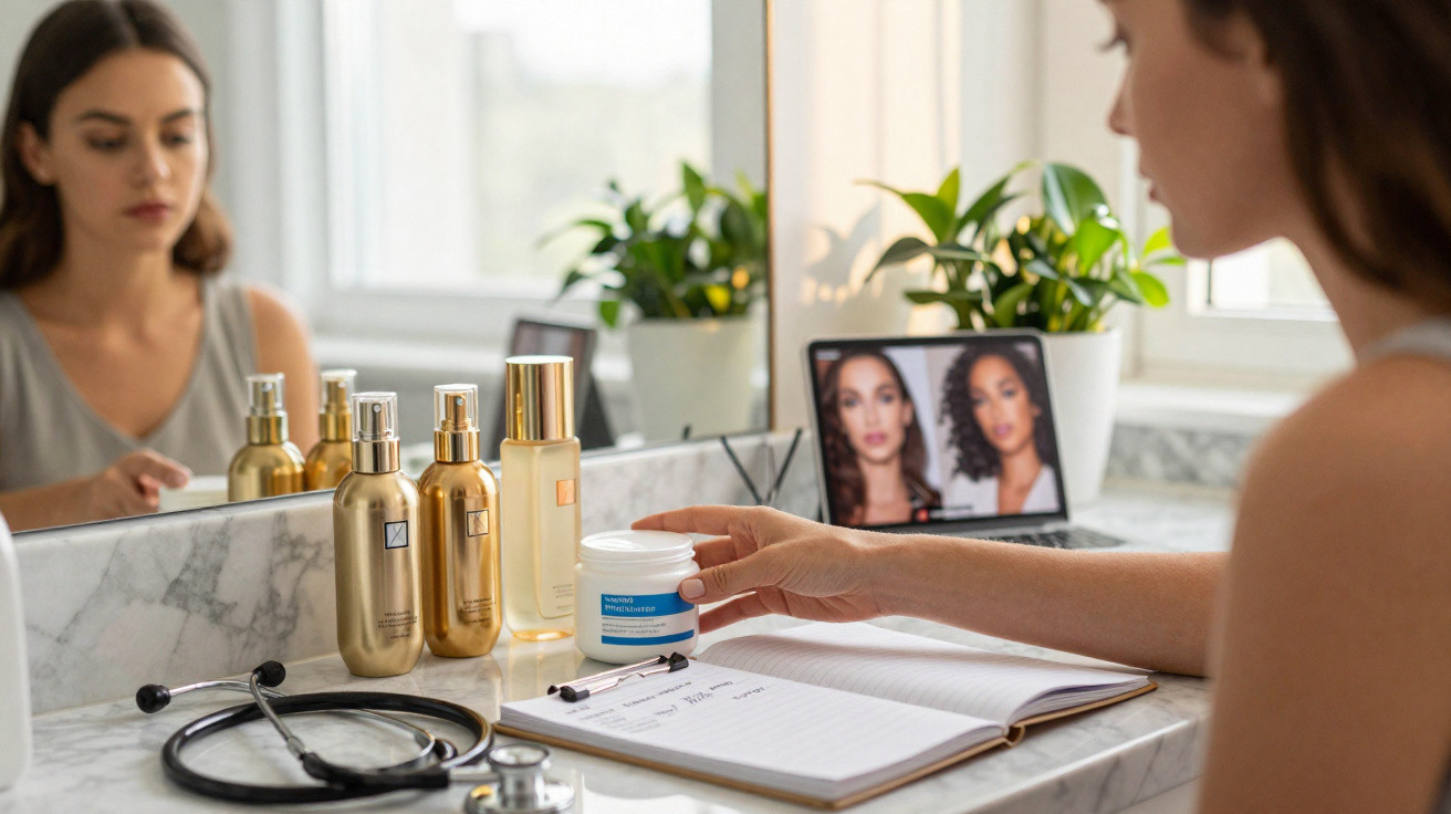 Mulher em frente ao espelho com produtos de pele, estetoscópio e notebook com imagens de rostos femininos.