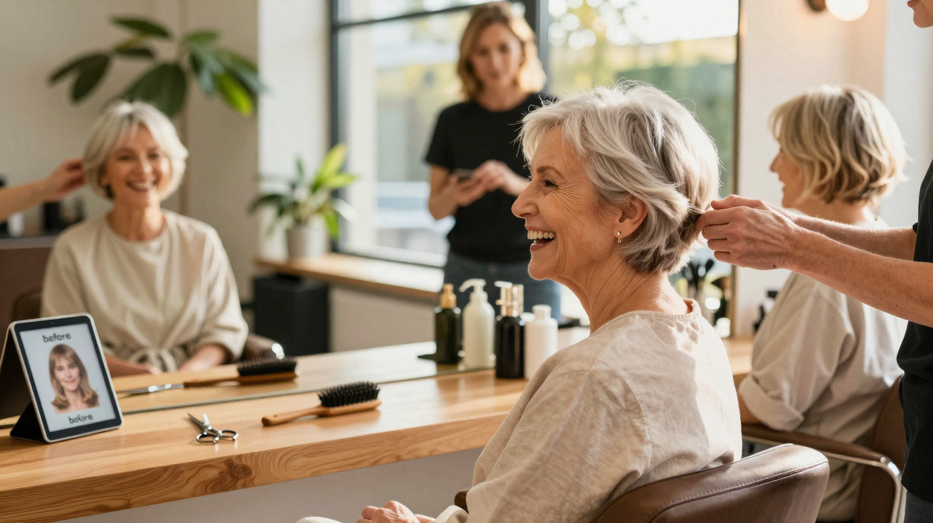 Mulher madura sorrindo em salão de beleza enquanto cabeleireiro arruma seu cabelo curto e grisalho.