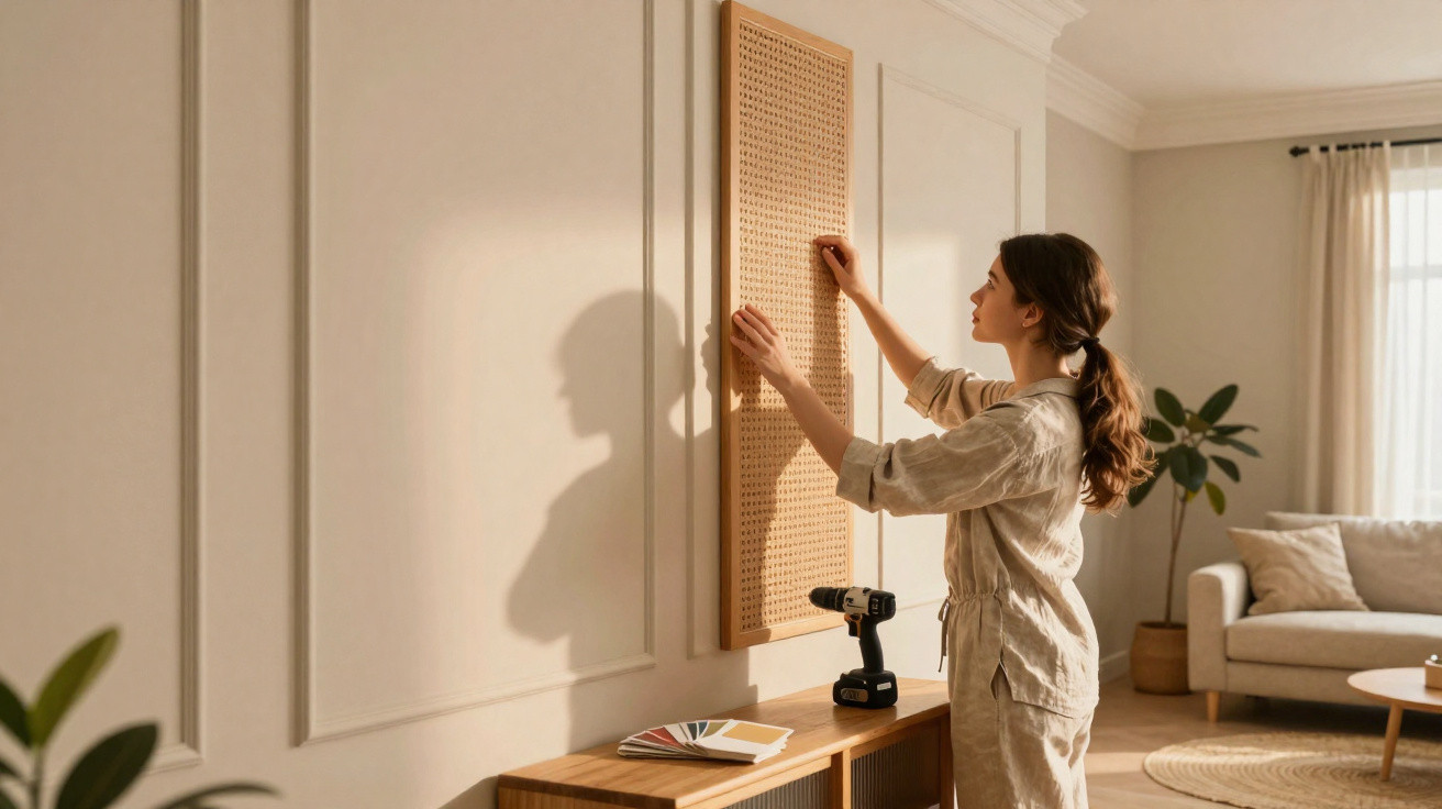 Mulher pendura quadro de palha trançada em sala de estar iluminada e decorada com móveis claros.