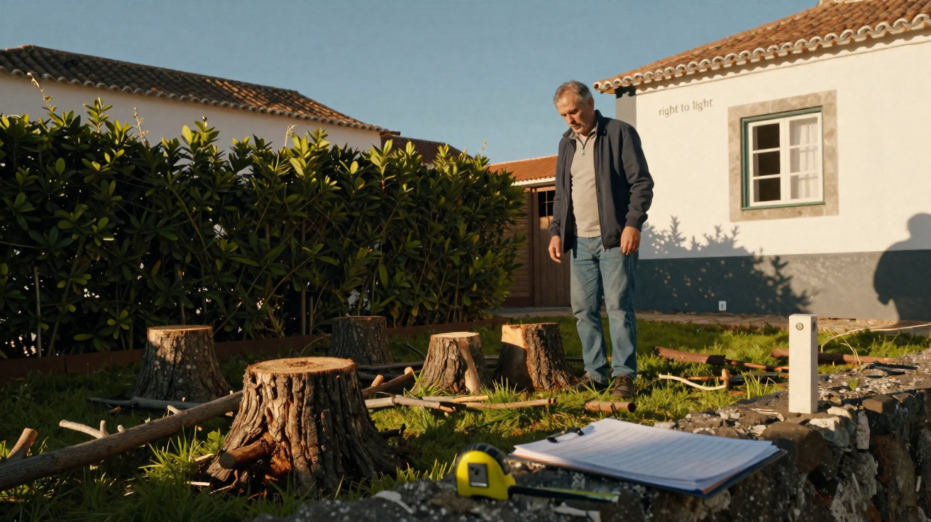 Homem observando tocos de árvore e ferramentas em jardim ensolarado próximo a muro de pedra.