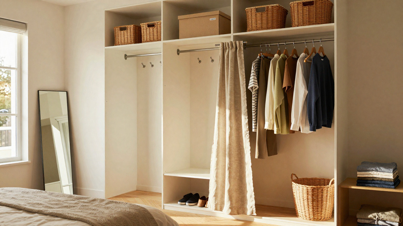 Guarda-roupa branco aberto com roupas penduradas, cestos de vime e cortina bege em quarto iluminado.