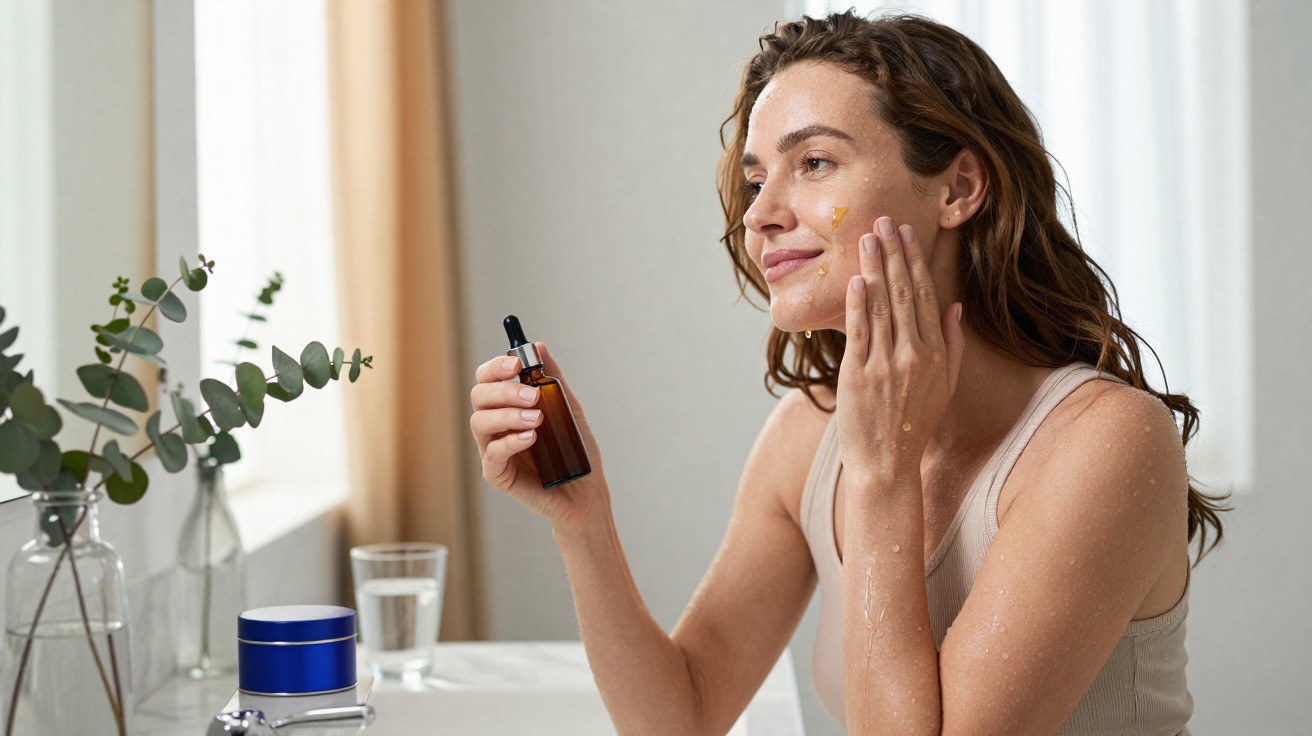 Mulher aplicando soro facial com conta-gotas em rosto no banheiro iluminado pela manhã.
