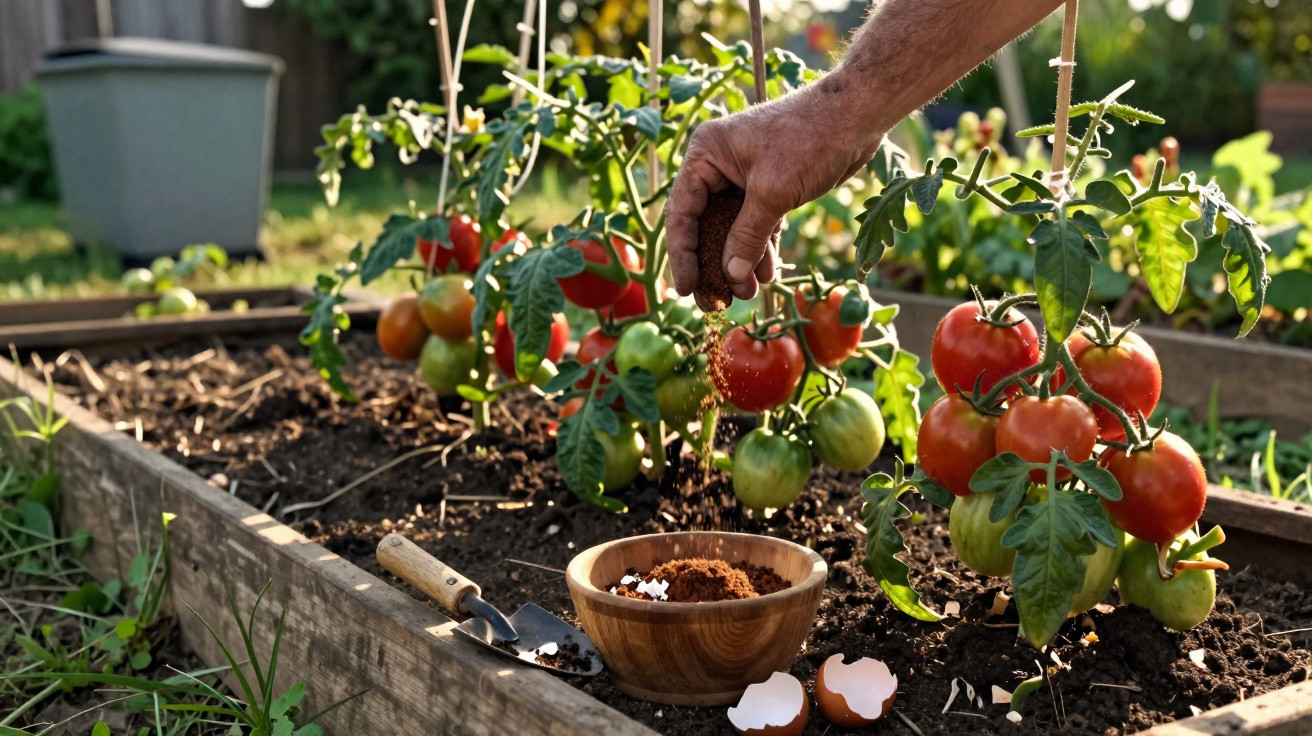 Mão espalhando fertilizante em um tomateiro com frutos vermelhos e verdes em horta elevada.