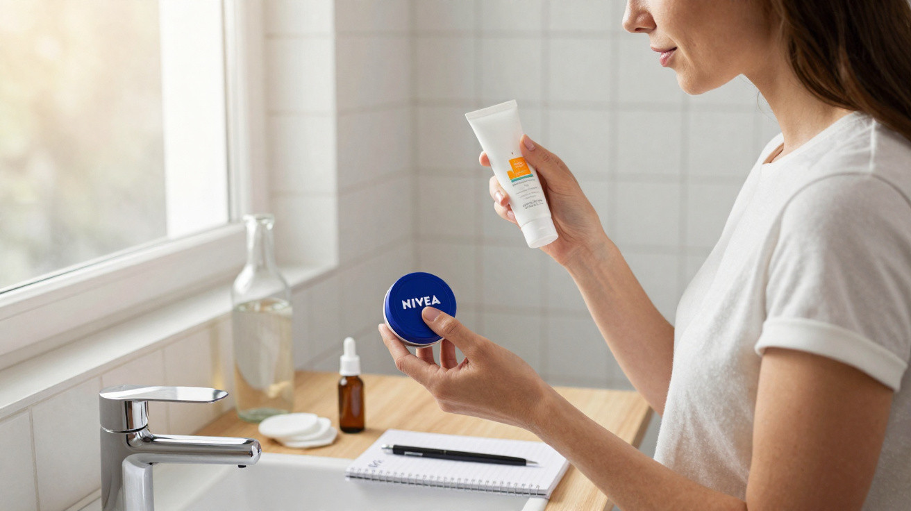 Mulher segurando creme Nivea e protetor solar próximo a pia e janela em banheiro iluminado.