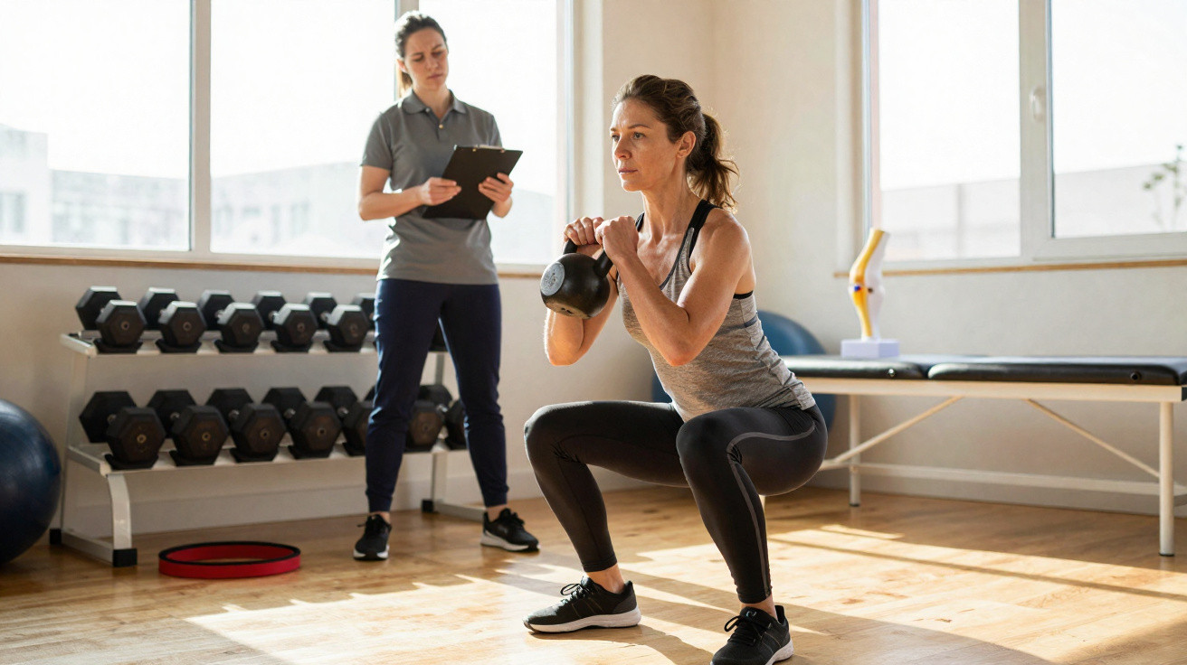 Mulher faz agachamento com kettlebell enquanto treinadora observa e anota em prancheta em sala de ginástica.