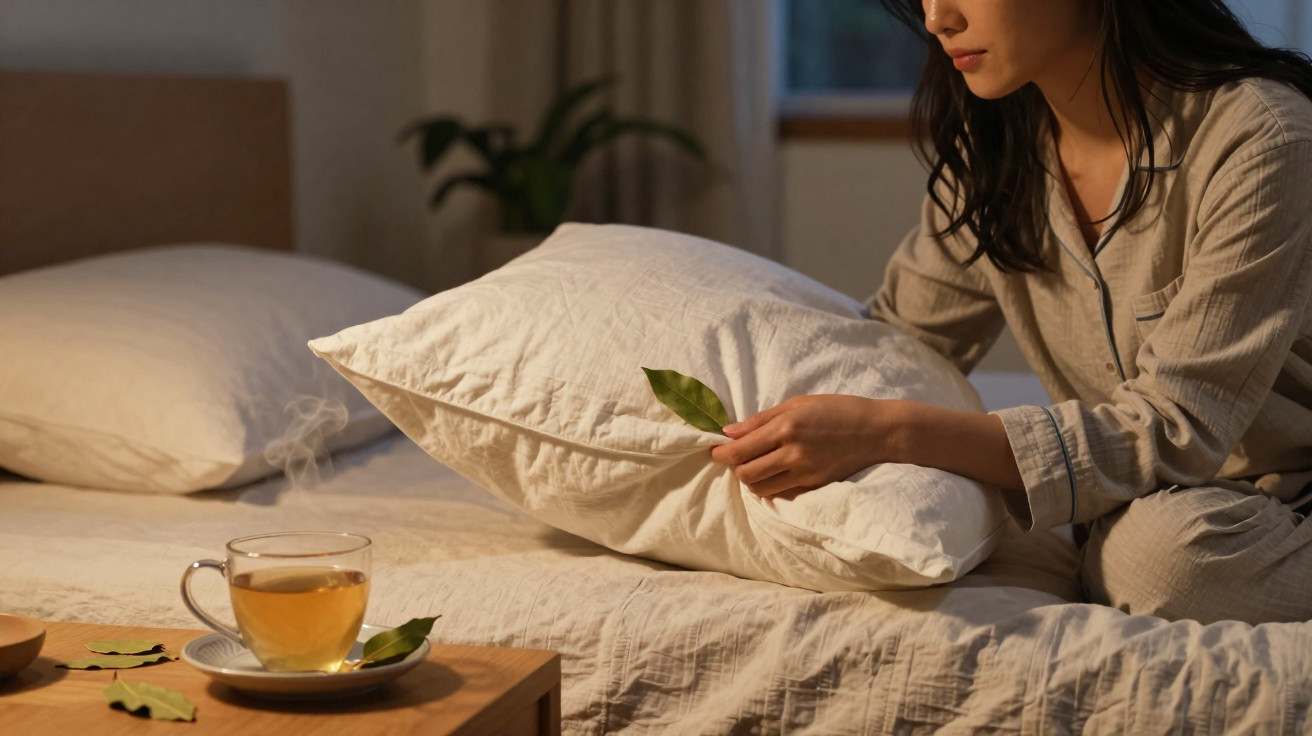 Mulher sentada na cama segurando uma folha com xícara de chá quente na mesa ao lado.