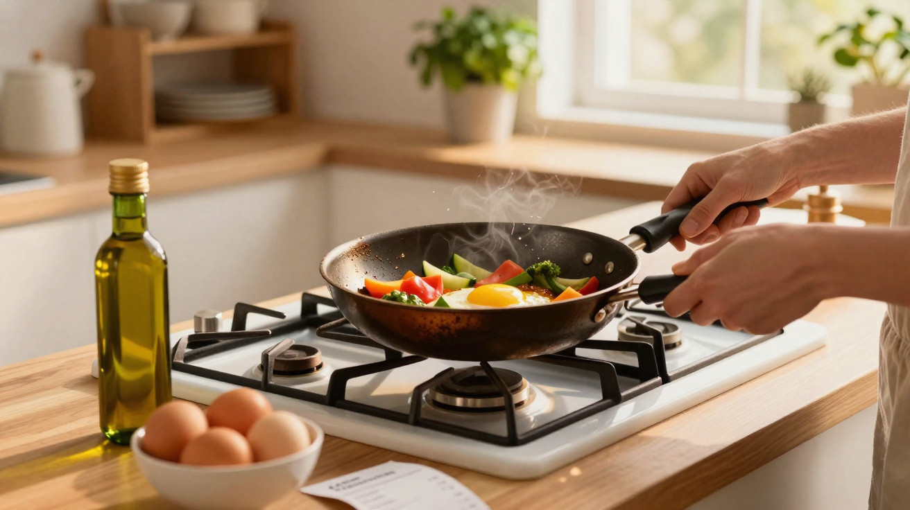 Pessoa fritando ovo com legumes em frigideira no fogão de cozinha com garrafa de azeite e tigela com ovos.