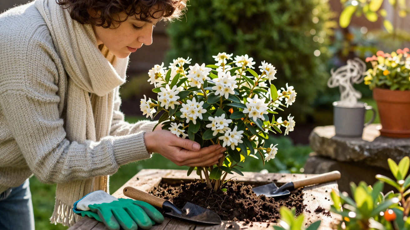 Mulher cuidando de planta com flores brancas em mesa de madeira durante jardinagem ao ar livre.