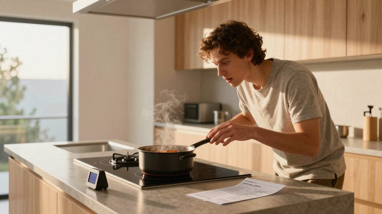 Jovem cheirando comida quente em panela na cozinha moderna com bancada de granito e luz natural.