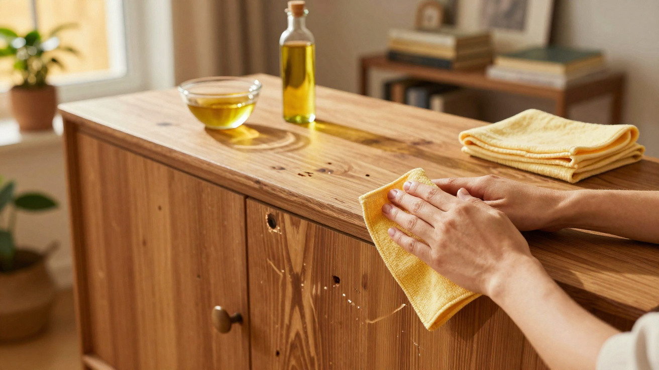 Mãos limpando móvel de madeira com pano amarelo, ao lado óleo de limpeza em recipiente e frasco.