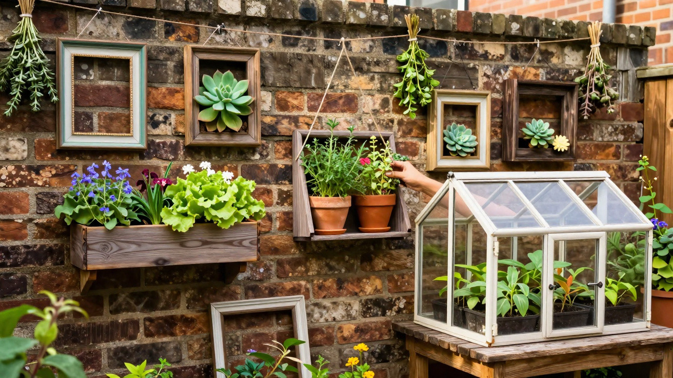 Jardim vertical com plantas em vasos, quadros decorativos e mini estufa sobre mesa de madeira.