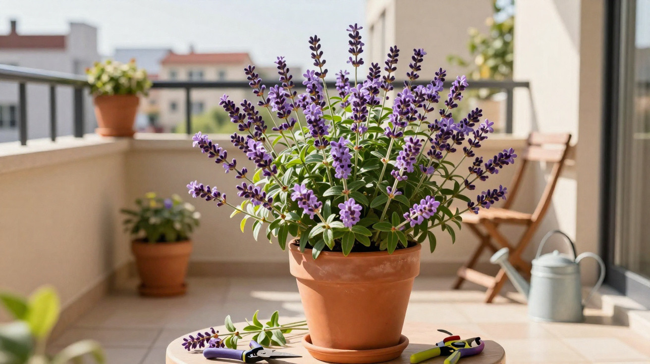 Vaso de barro com planta de lavanda florida em varanda ensolarada com regador e tesouras de poda.