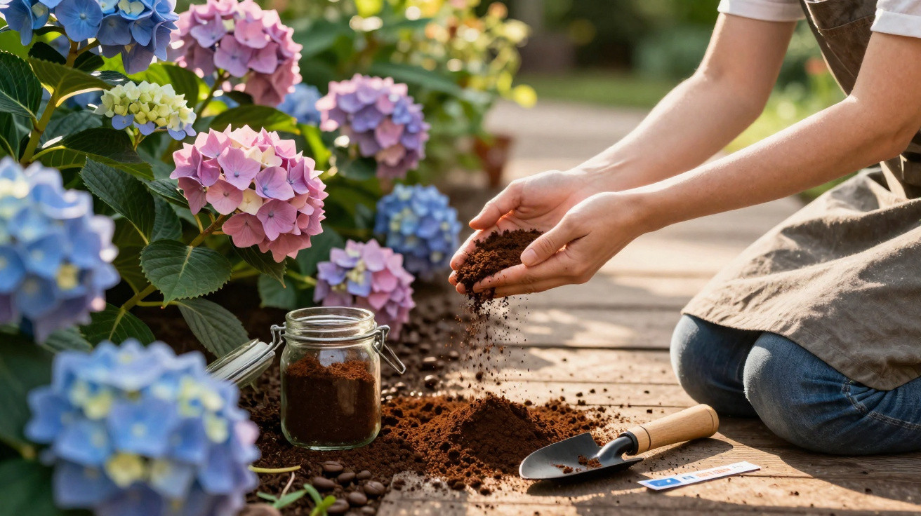 Pessoa manipulando terra com plantas floridas coloridas ao redor, em ambiente de jardinagem ao ar livre.