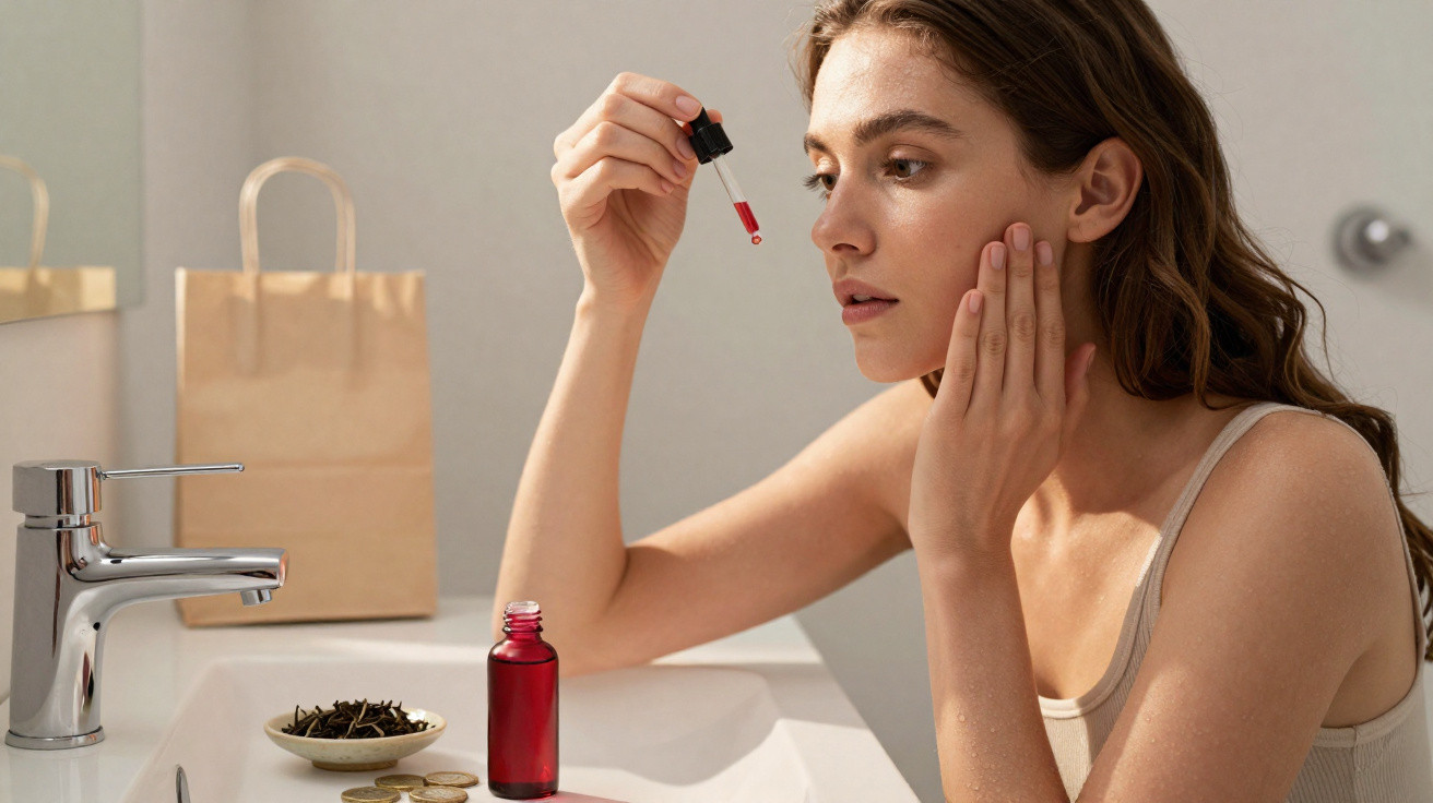 Mulher aplicando sérum facial com conta-gotas em banheiro moderno.