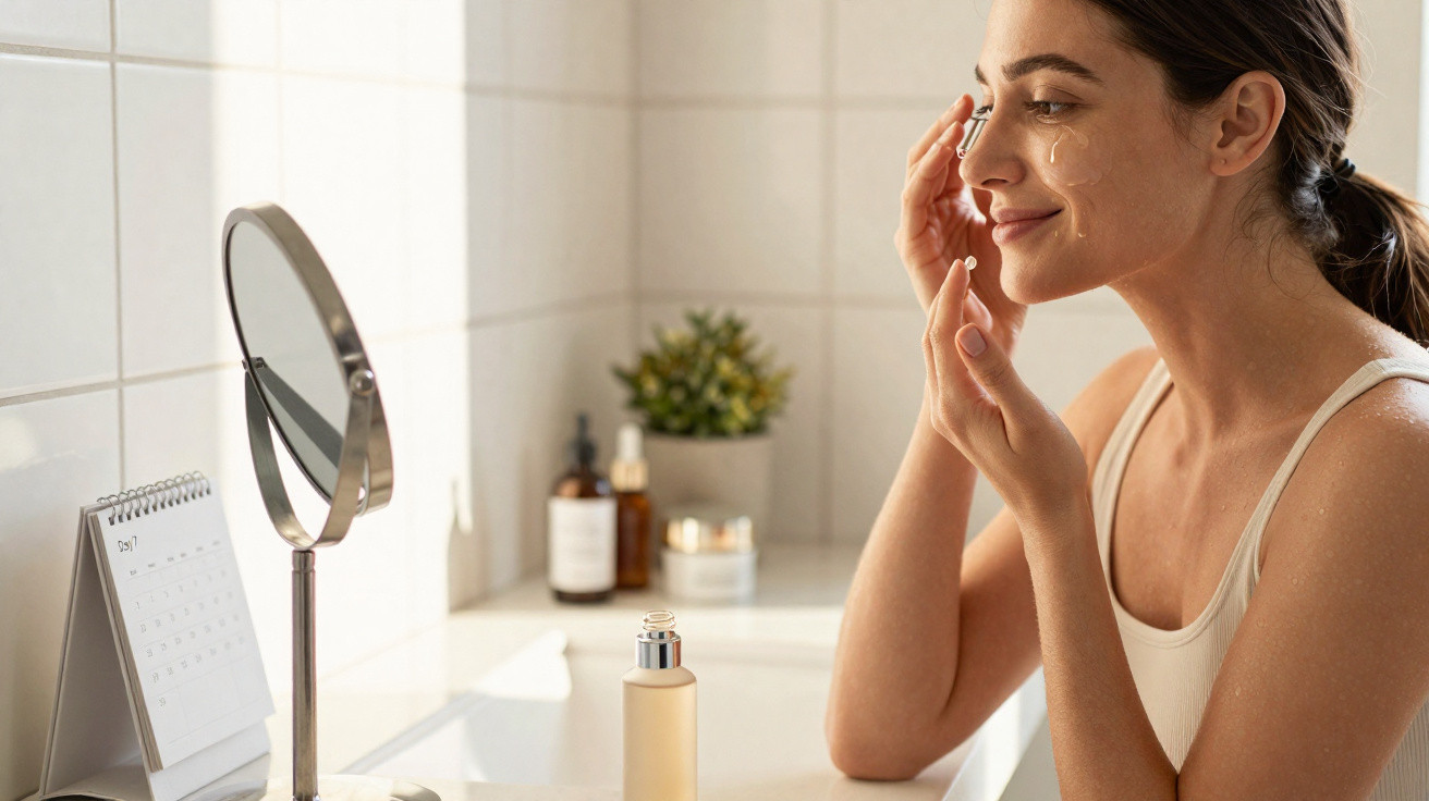 Mulher aplicando creme no rosto em frente ao espelho no banheiro, com produtos de beleza ao fundo.