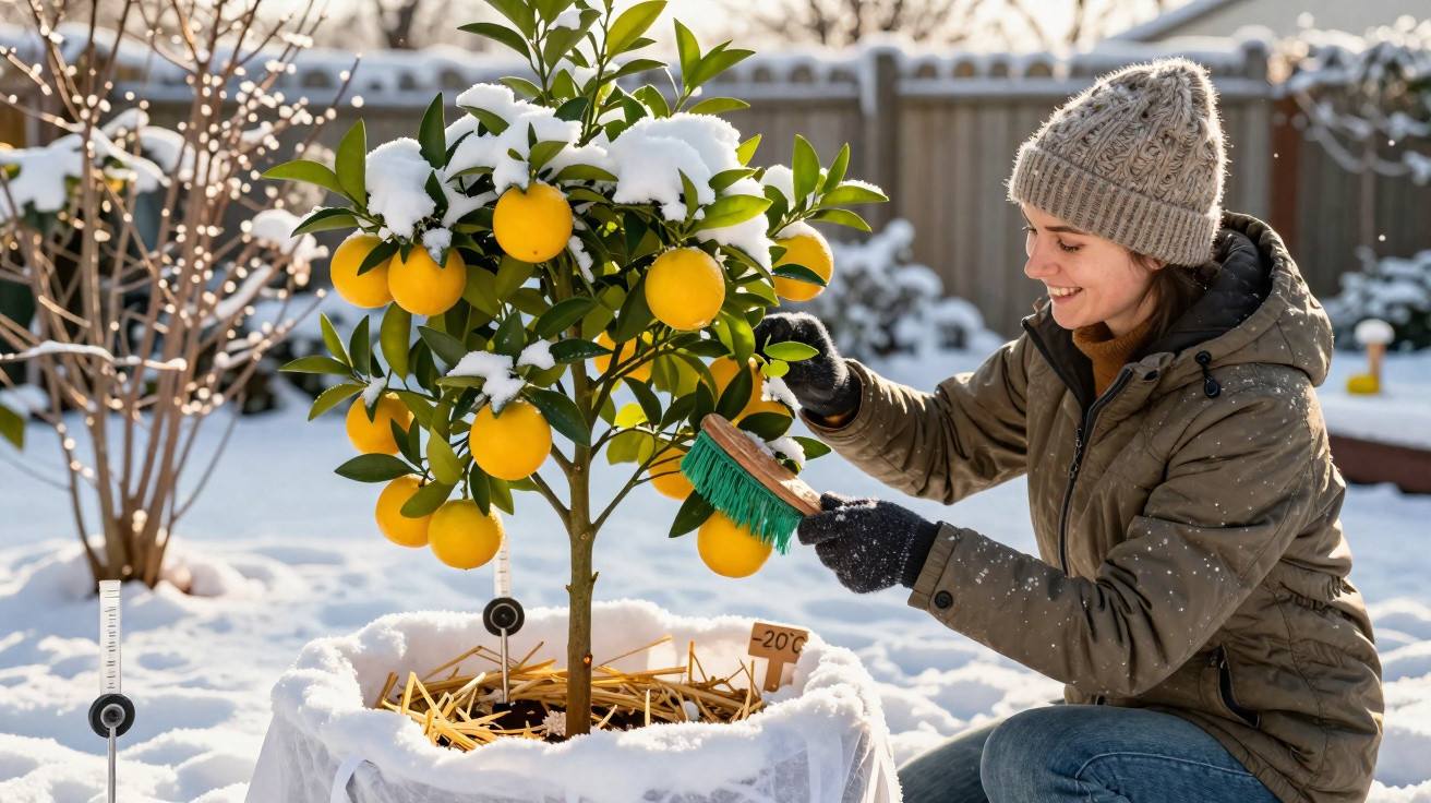 Mulher com roupa de inverno cuidando de árvore de laranja coberta de neve no jardim.