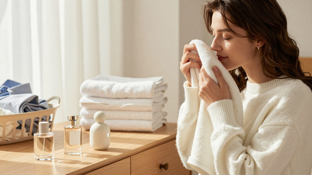 Mulher cheirando uma toalha branca, ao lado de perfumes e toalhas dobradas em uma bancada de madeira.