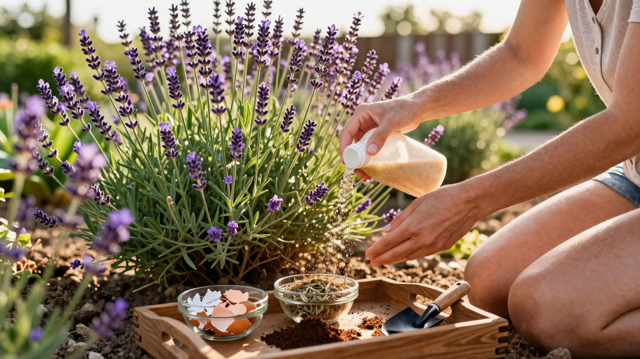 Pessoa regando planta de lavanda com bandeja contendo sementes, cascas de ovos e terra.