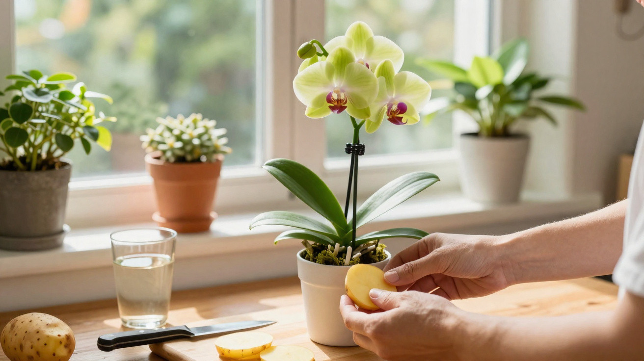 Mãos descascando batata em uma mesa próxima a uma orquídea amarela em vaso, com plantas no parapeito da janela.