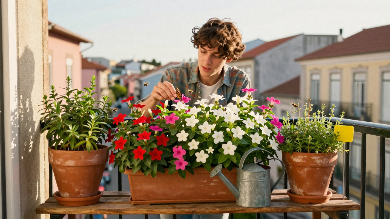 Jovem cuidando de flores coloridas em varanda com plantas e regador em dias ensolarados.