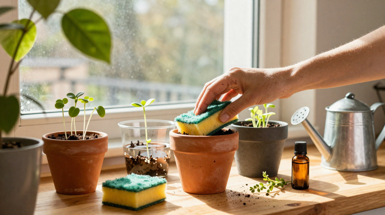 Mãos limpando vaso de planta com esponja, vasos com mudas, regador e frasco sobre mesa perto da janela.
