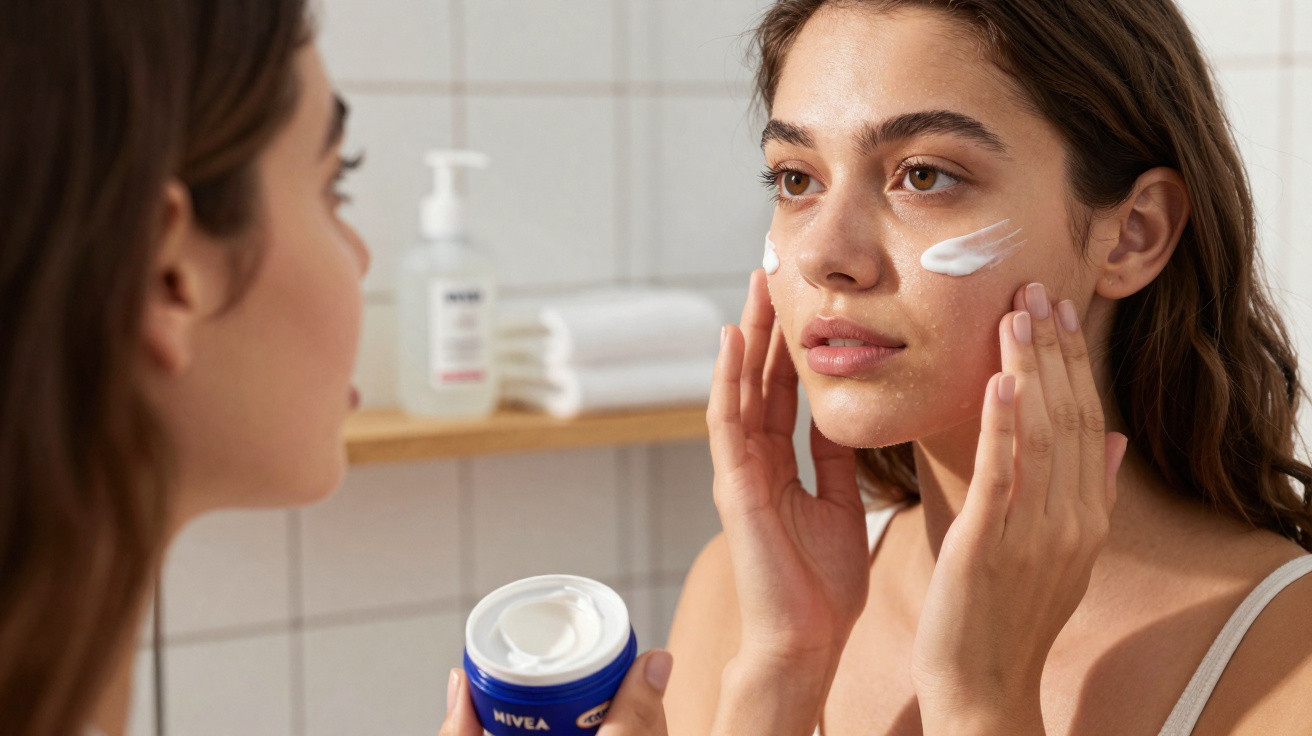 Mulher aplicando creme facial Nivea no rosto em frente ao espelho no banheiro.