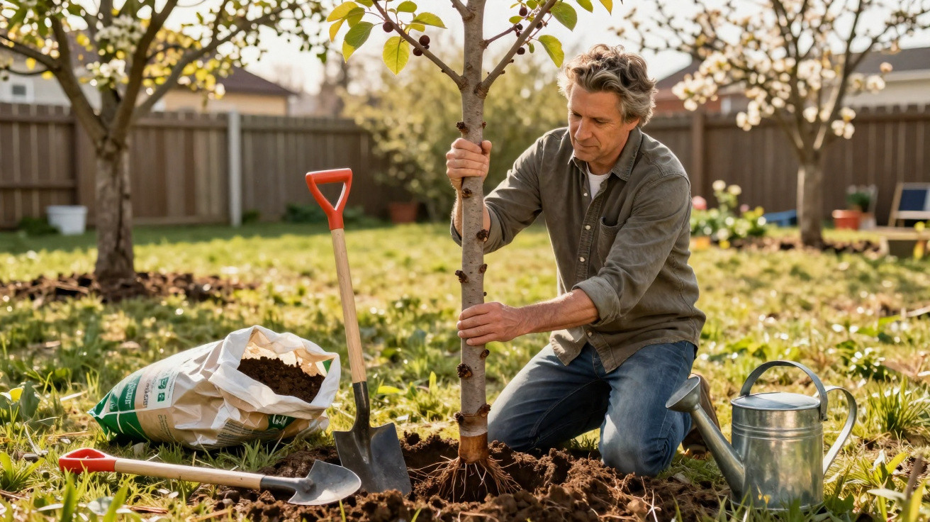 Homem plantando árvore em jardim com ferramentas e regador ao redor, em dia ensolarado.