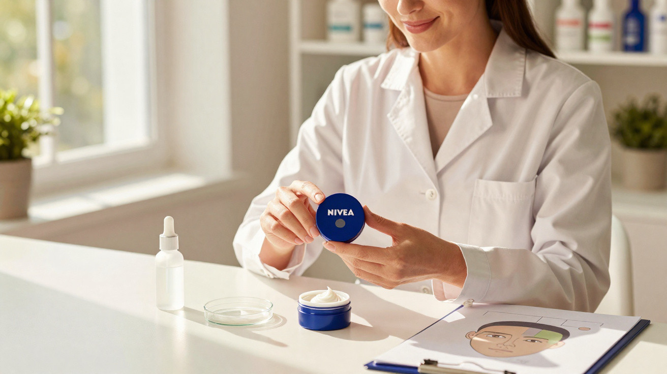 Mulher em jaleco segurando pote de creme Nivea azul em mesa com produtos de cuidados com a pele.