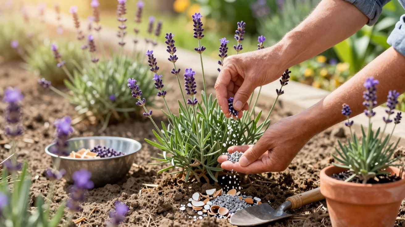 Mãos adubando planta de lavanda em jardim com vasos e terra ao redor sob luz do sol.