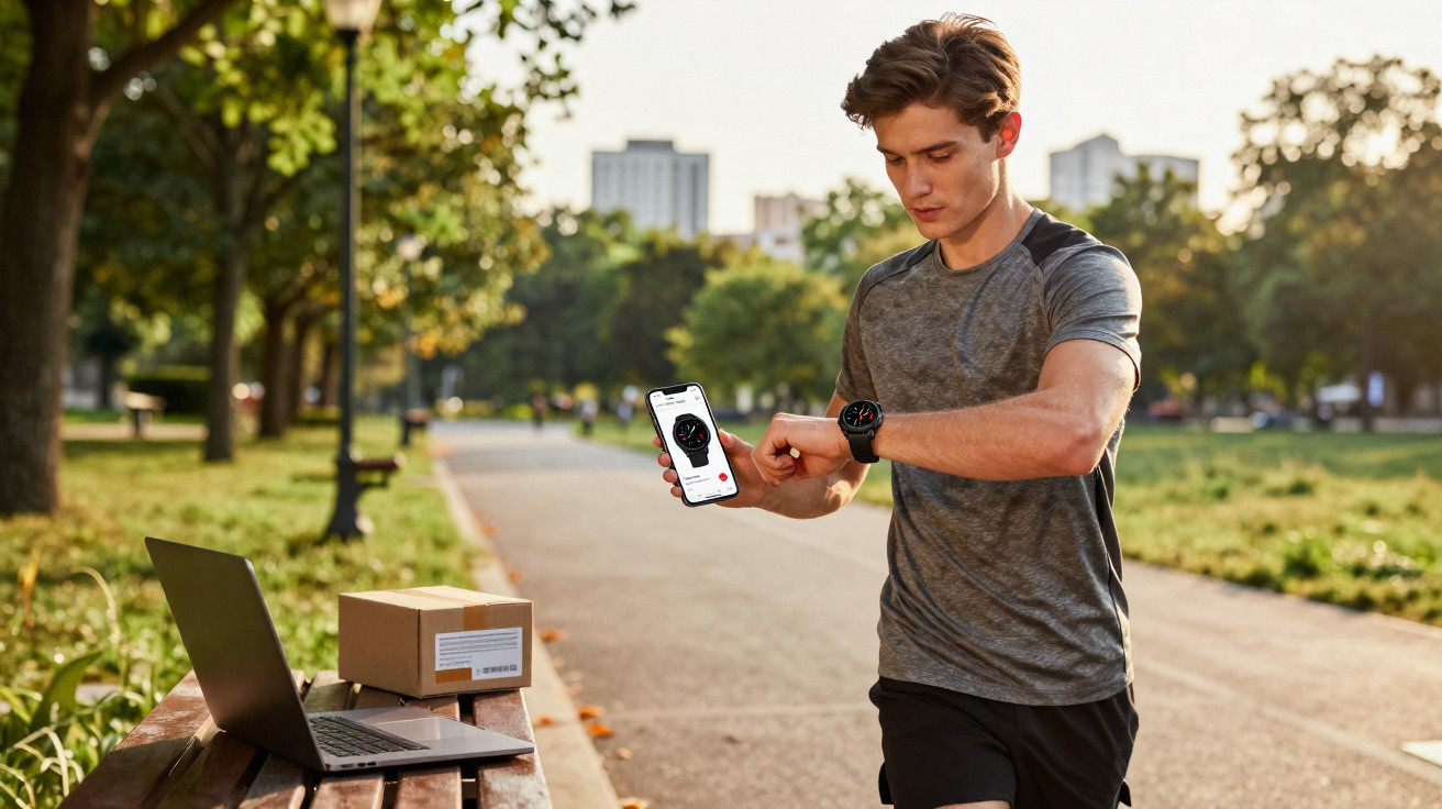 Jovem em roupa esportiva confere smartwatch e celular em parque, com laptop e caixa sobre banco próximo.