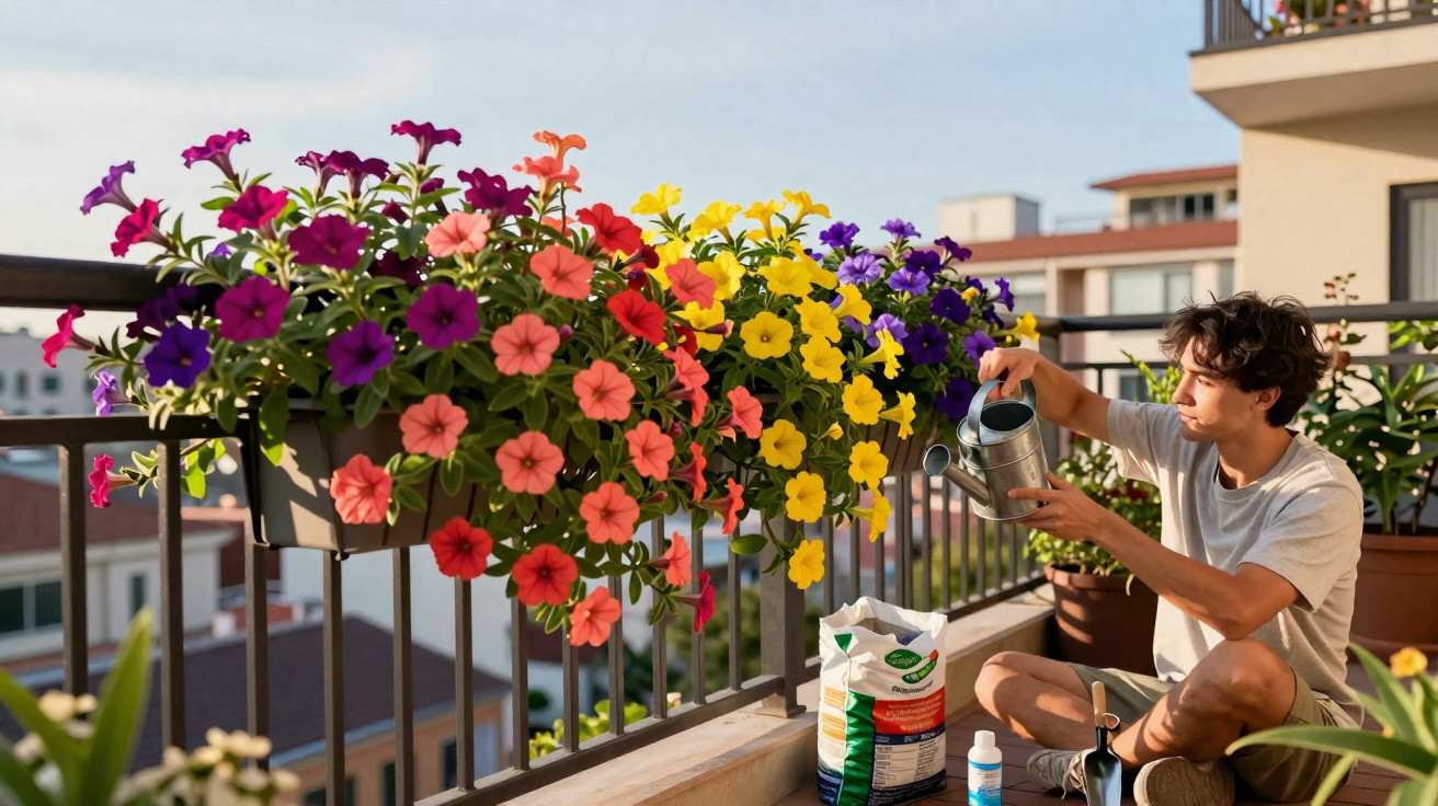 Jovem regando flores coloridas em vaso suspenso na varanda de apartamento.