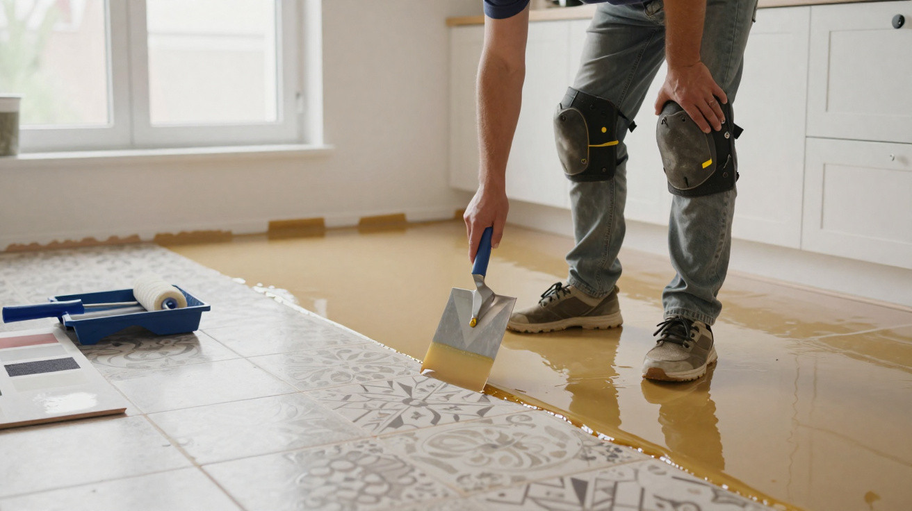 Pessoa aplicando resina sobre piso com azulejos decorativos em ambiente interno.