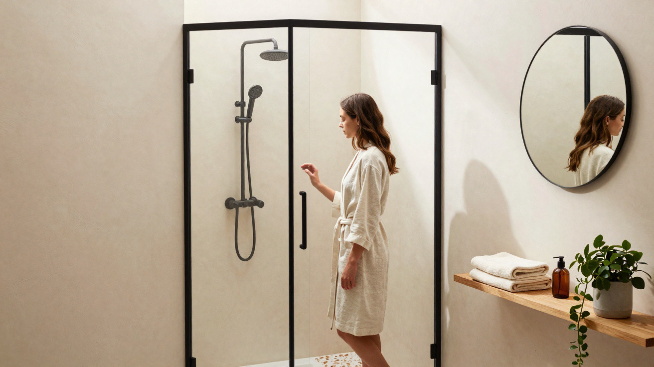 Mulher de roupão branco abrindo a porta de vidro preto do box em banheiro minimalista.