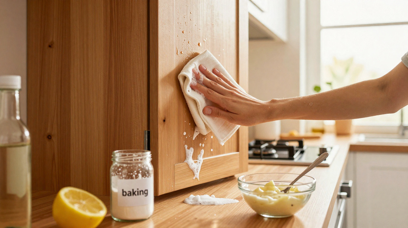 Pessoa limpando armário de madeira na cozinha com pano branco e produtos de limpeza ao lado