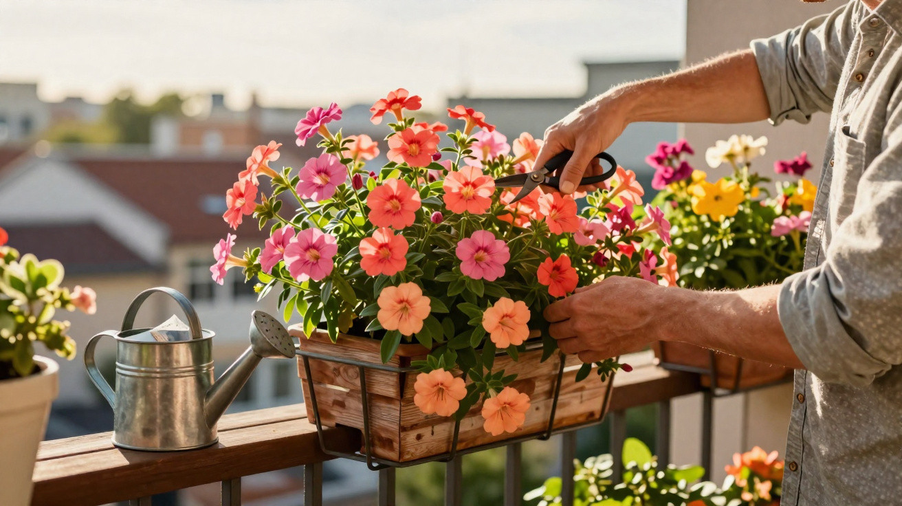 Pessoa cuidando de flores coloridas em vaso de madeira na sacada de apartamento ao pôr do sol.