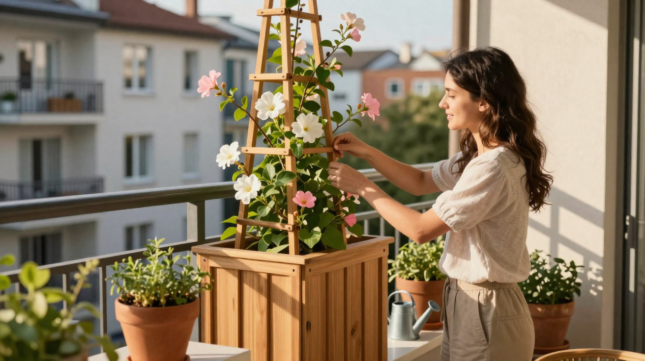 Mulher cuidando de flores brancas e rosas em vaso de madeira em varanda ensolarada de apartamento.