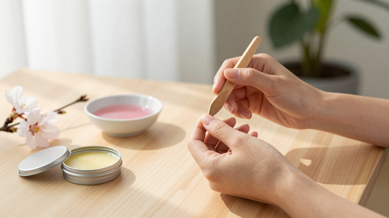 Mãos femininas cuidando das unhas com ferramenta de madeira ao lado de pomada e pequeno recipiente rosa.
