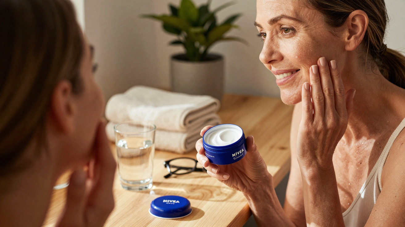 Mulher aplicando creme Nivea no rosto em frente ao espelho, com toalhas e copo na mesa.