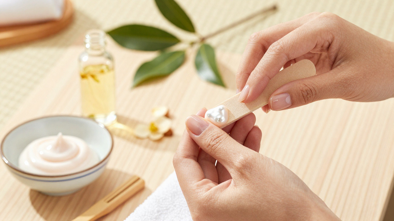 Mãos femininas segurando espátula com creme, ao fundo óleo, folhas e toalha branca sobre mesa clara.