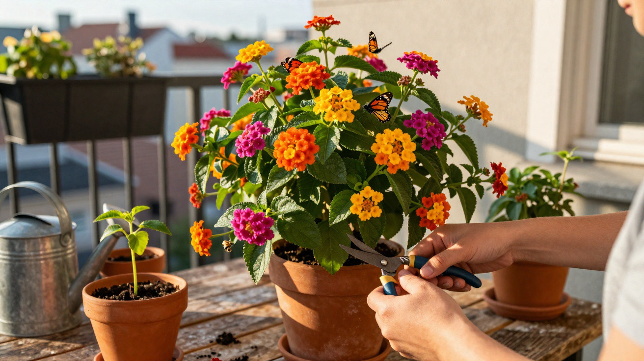 Pessoa cuidando de planta florida colorida em vaso de barro com borboletas pousadas nas flores.