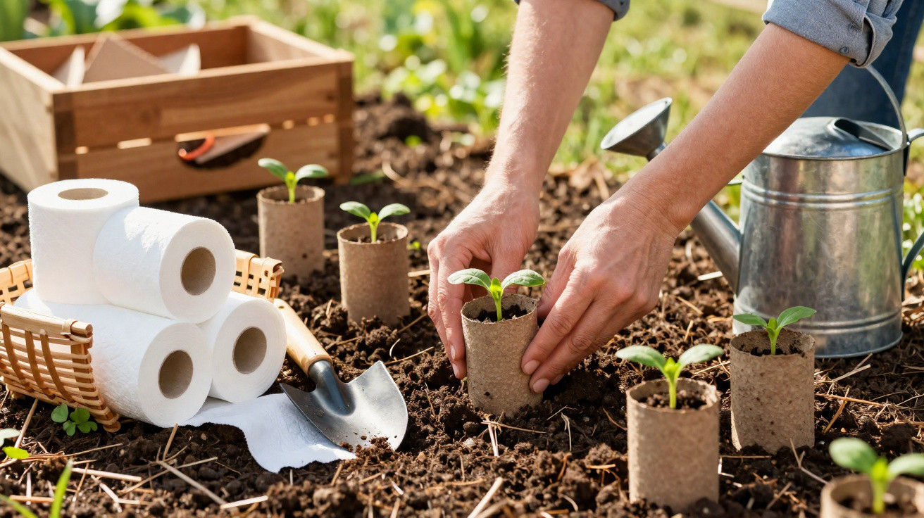 Mãos plantando mudas em pequenos vasos biodegradáveis na terra, ao lado de regador e ferramentas de jardinagem.