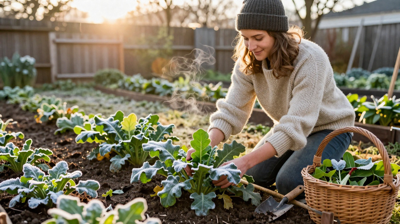Mulher sorridente cuidando de plantas verdes em horta ao ar livre ao amanhecer.