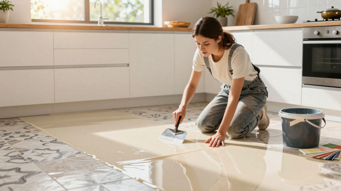 Mulher aplicando revestimento epóxi no chão da cozinha moderna, com balde e amostras de cores ao lado.