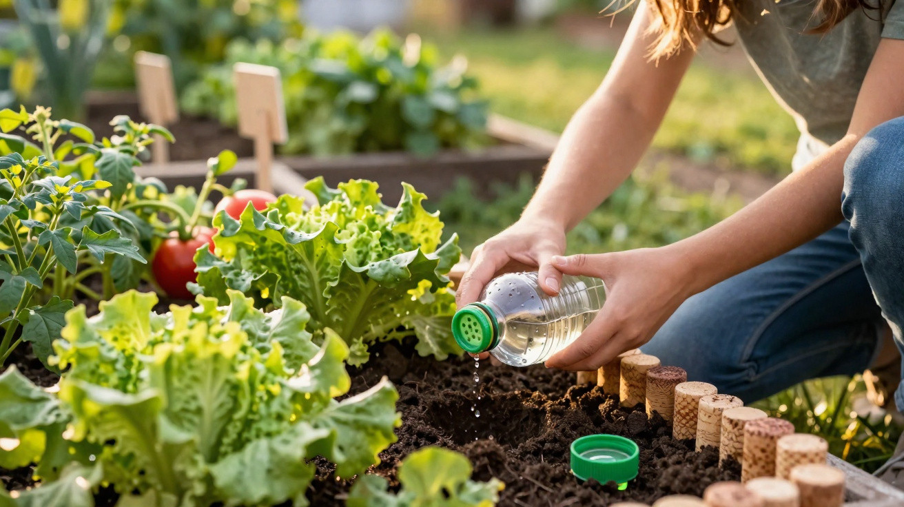 Pessoa regando plantas em horta caseira com garrafa plástica, em ambiente ao ar livre iluminado pelo sol.